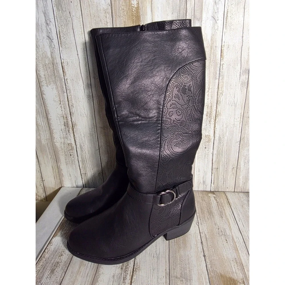 Easy Street Plus Wide Calf Black Knee High Boots Paisley Embossed Side Zip NWT